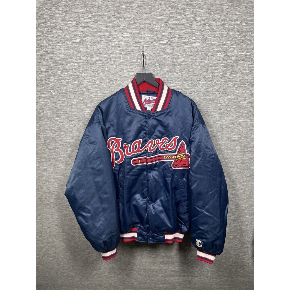 Vintage 90s ATLANTA BRAVES BLUE SATIN JACKET Sz L STARTER DIAMOND COLLECTION